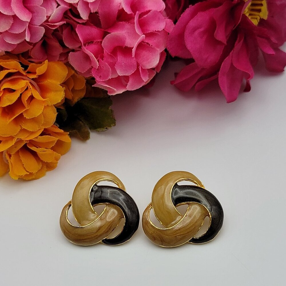 Vtg. Multicolor Enamel Stud Earrings Gold Tone Large Swirl Knot 31mm Statement